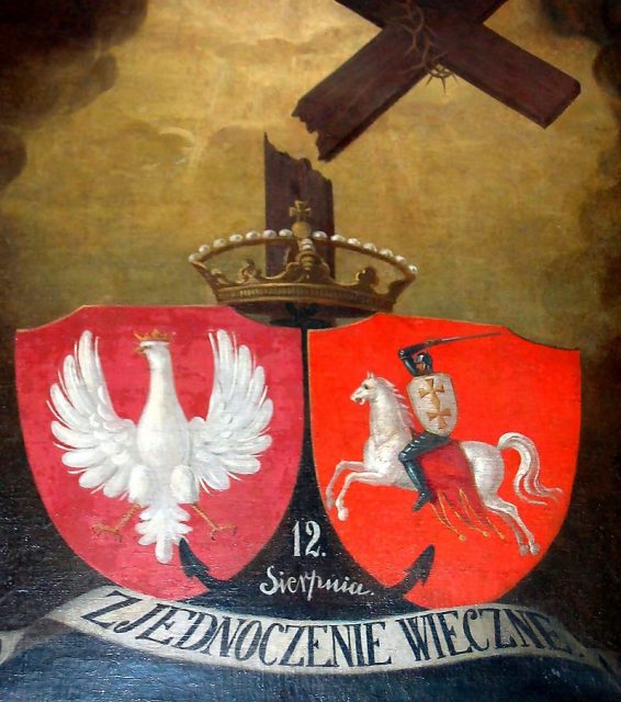 Painting commemorating Polish–Lithuanian union; ca. 1861. The motto reads “Eternal union”.