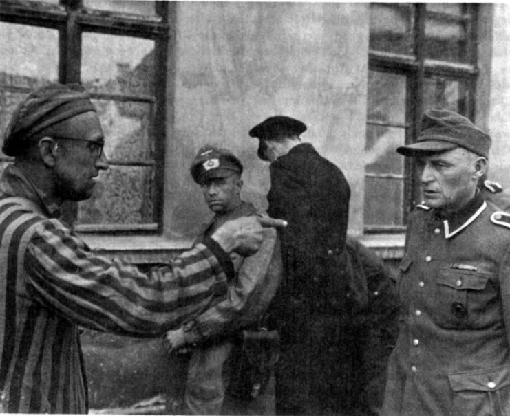 A concentration camp victim identifies an SS guard in June 1945