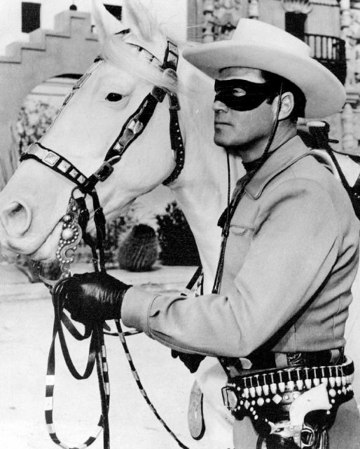 Clayton Moore as the Lone Ranger and Silver from a personal appearance booking at Pleasure Island (Massachusetts amusement park), Wakefield Massachusetts.