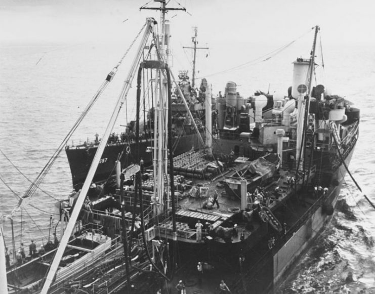 The U.S. Navy destroyer USS Johnston (DD-557) refueling from the fleet oiler USS Millicoma (AO-73)