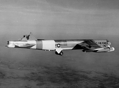 B-52H (AF Ser. No. 61-0023), configured at the time as a testbed to investigate structural failures, still flying after its vertical stabilizer sheared off in severe turbulence on 10 January 1964. The aircraft landed safely