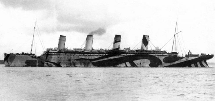 HMT Olympic, RMS Titanic’s sister ship, in dazzle camouflage while in service as a World War I troopship, from September 1915