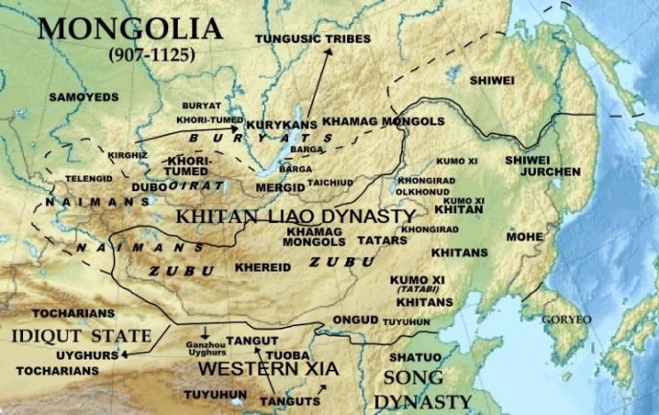 The locations of the Mongolian tribes during the Khitan Liao dynasty (907–1125) Photo by Khiruge CC BY-SA 4.0