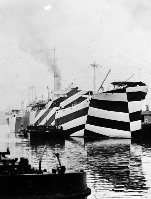SS West Mahomet in dazzle camouflage, 1918.Note how her Dazzle camouflage greatly distorts the apparent aspect of her bow.