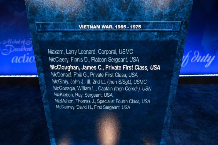 A plaque bears former U.S. Army Spc. 5 James C. McCloughan’s name during his Medal of Honor Induction Ceremony at the Pentagon, in Arlington, Va., Aug. 1, 2017. (U.S. Army photo by Sgt. Alicia Brand)