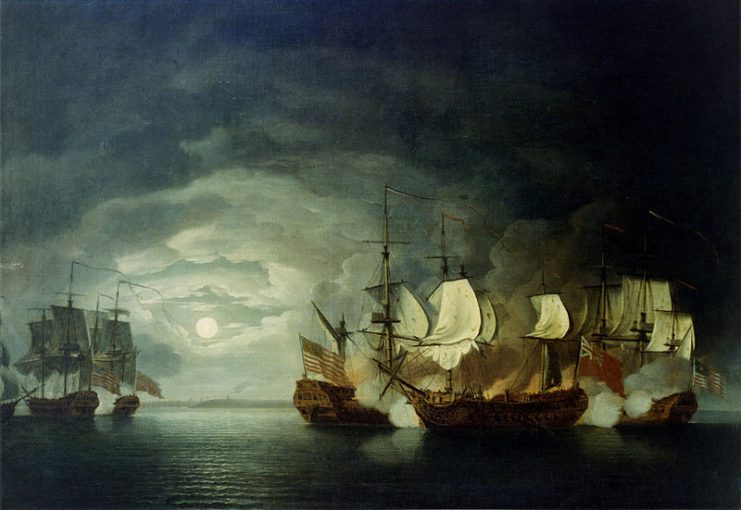 It depicts Bonhomme Richard (center), commanded by Continental Navy Captain John Paul Jones, closely engaged with HMS Serapis, commanded by Royal Navy Captain Richard Pearson, off Flamborough Head, England.