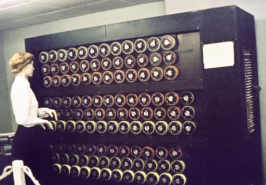 The Bombe replicated the action of several Enigma machines wired together. Each of the rapidly rotating drums, pictured above in a Bletchley Park museum mockup, simulated the action of an Enigma rotor. Photo: Messybeast / CC BY 2.5