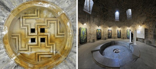The Crypt (left: the ceiling adorned by a swastika and right: the flooring) is Himmler's version of King Arthur's round table.