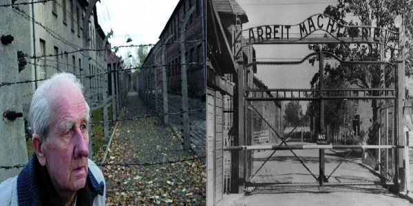 Wilhelm Brasse with the abandoned Asuchwitz camp in the background (left) and the camp as it was during WWII (right).
