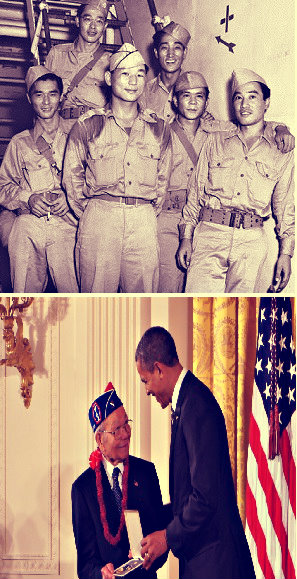 (Above) Japanese-American soldiers serving during WWII and (below) A Japanese-American WWII veteran given honor for his service during the war by Pres. Obama himself.