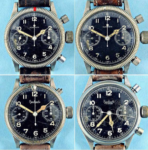 The four rare navigator watches issued by the Luftwaffe during WWII to their airmen set to be auctioned on May 8. Two of the watches were made by famous Swiss watchmaker Hanhart while the other two were made by Glashutte, the German watchmaker.