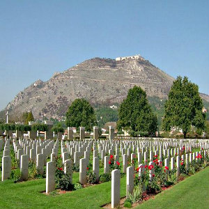 Monte Cassino now: the monastery sitting beautifully perched on the mountain with the WWII cemetery at its foot.