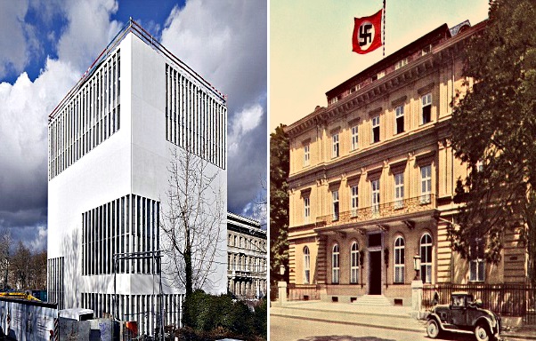 The planned "Nazi Museum" in Munich (left) will stand at the site of the former Nazi HQ in the city, the Brown House (right).
