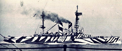 A WWI ship in dazzle camouflage.