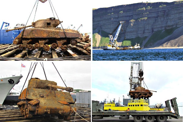 (Clockwise) The remains of the M4 Sherman tank; the area in the Barents Sea where it was discovered and recovered; the M4 Sherman tank as it was hoisted up and getting transferred on to a transporter at the port of Murmansk, Russia.