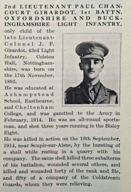 The obituary of WWI officer Paul Chancourt Giradot. Notice that the picture is very much much alike the painted portrait.