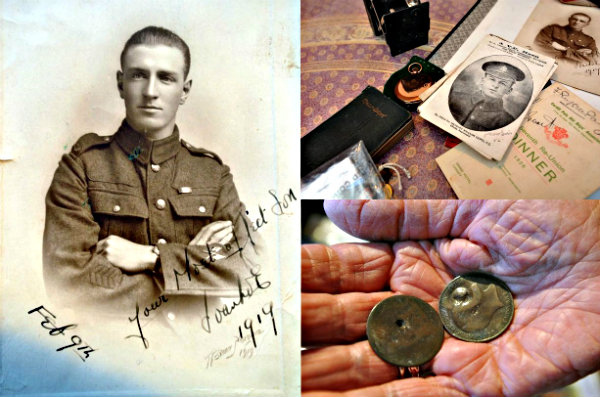 WWI soldier Ivanhoe Avon, the mementos he kept inside a bank's deposit box and the two pennies which saved his life during the Battle of the Somme.
