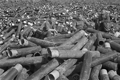 Empty charge cases at Cassino show the intensity of shellfire, March 1944.