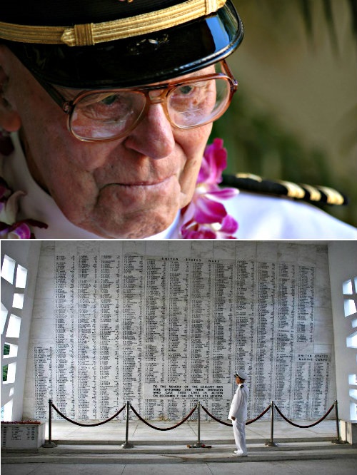 [Above] Teary-eyed WWII vet Joseph Langdell [Photo Credit: Wikimedia]; [Below] The late Joseph Langdell during a visit to the USS Arizona Memorial [Photo Credit: Ted Langdell]