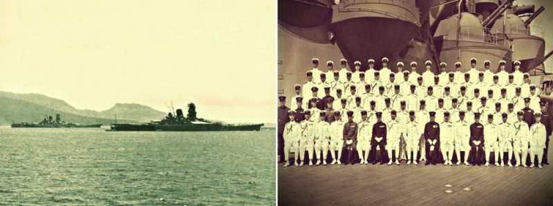 [Left] Japanese WWII battleship Musashi with its sister ship Yamato before their demise during WWII [Right] Musashi crew with the Japanese Emperor before the Battle of the Leyte Gulf.