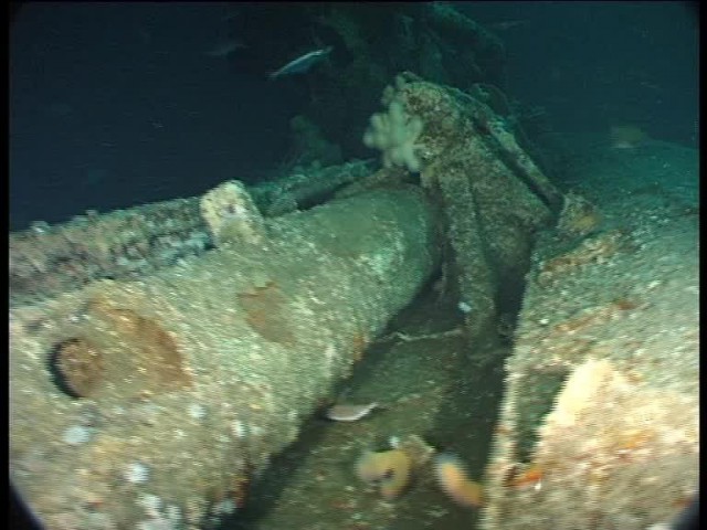 The U-boat’s snorkel mast in the deck recess with hydraulic elevator piston behind (Innes McCartney).