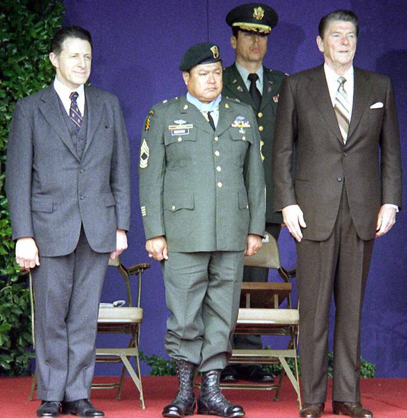 President Ronald Reagan, right, stands beside Medal of Honor recipient retired MSGT Roy P. Benavidez, U.S. Army, during a ceremony at the Pentagon.