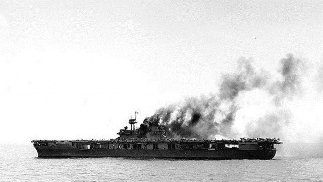 The Yorktown on fire Courtesy of the Naval History and Heritage Command The deck of the USS Yorktown burns after a Japanese attack during the Battle of Midway.