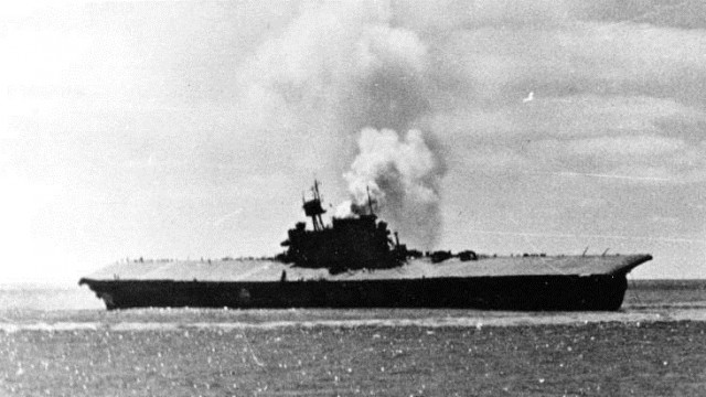Taking on water Courtesy of the Naval History and Heritage Command The USS Yorktown begins to list after sustaining multiple attacks from Japanese planes during the June 1942 Battle of Midway.