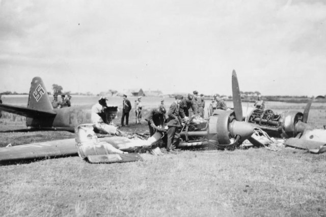 A Junkers Ju 88 reconnaissance aircraft shot down on 20 July 1940, and crashed on Cockett Wick Farm, St Osyth near Clacton-on-Sea in Essex