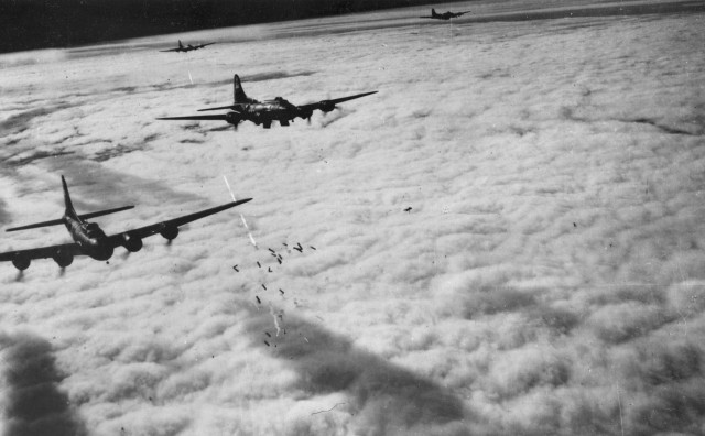 Boeing B-17F radar bombing through clouds over Bremen, Germany, on Nov. 13, 1943. (U.S. Air Force photo)