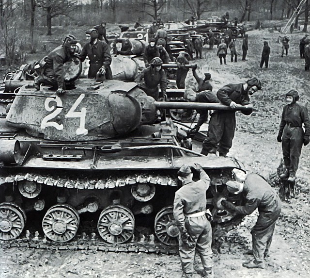 Soviet KV-1 heavy tanks prepare to counter-attack.