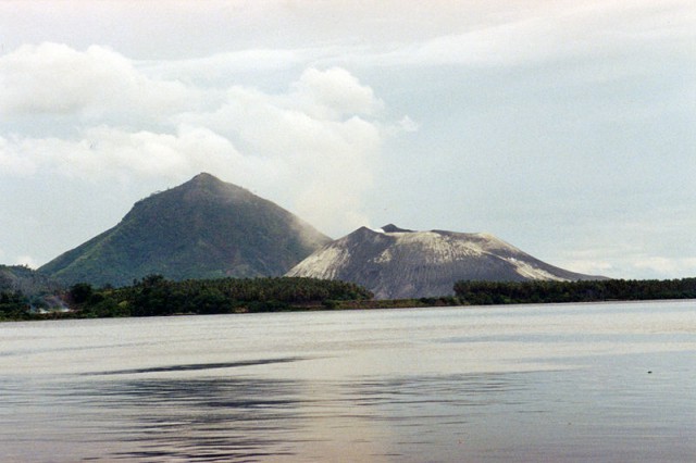 Rabaul's volcano is the lower mountain on the right
