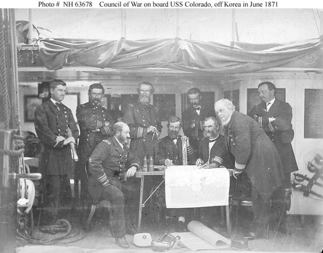 Officers aboard the USS Colorado planning actions in Korea via common.wikimedia.org