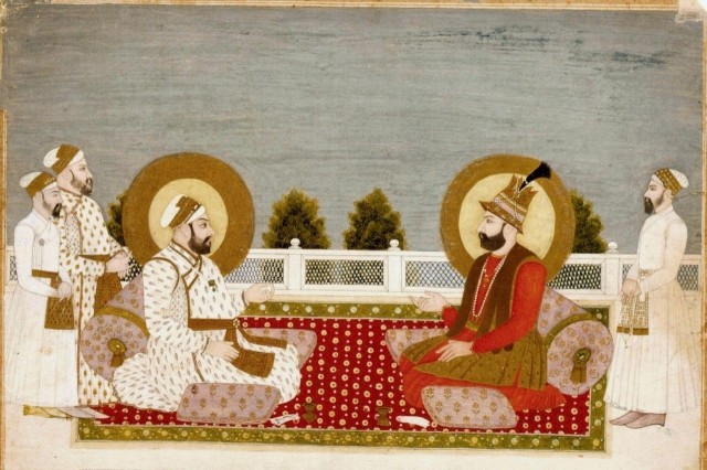 Muhammad Shah and Nadir Shah in negotiations, unknown artist, 1740. Public domain from https://en.wikipedia.org