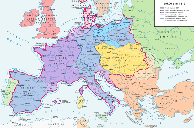 The French Empire in Europe in 1812, near its peak extent.By Alexander Altenhof / Wikipedia