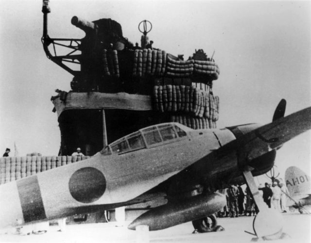 An Imperial Japanese Navy Mitsubishi A6M Zero fighter on the aircraft carrier Akagi.