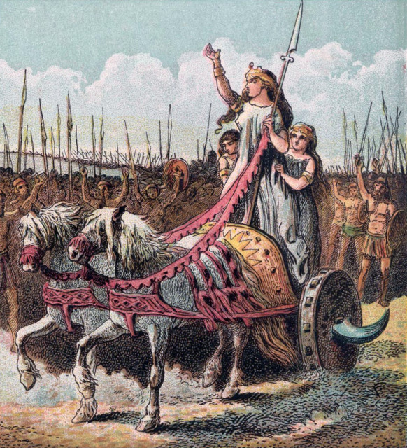 Boudics inspires her troops in a 19th century depiction by Joseph Martin Kronheim (wikimedia commons)