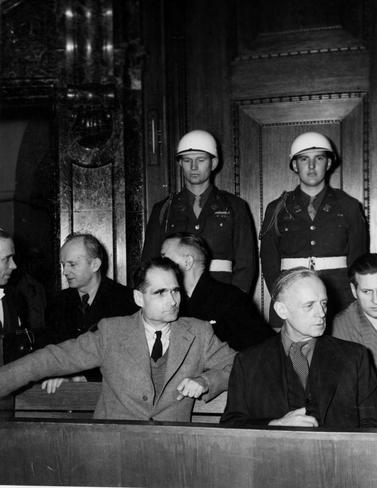 Hess next to Joachim von Ribentrop during the Nuremberg trial