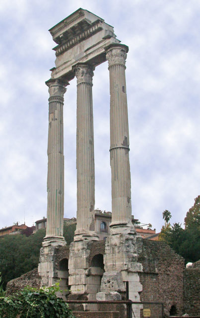 Ruins of the temple of Castor and Pollux in the Forum Romanum. Ancient resources as well as recent archaeological evidence suggest that, at one point, Caligula had the palace extended to annex this structure.