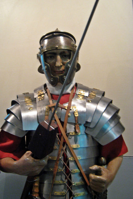 Recreation of a Roman soldier wearing plate armour (lorica segmentata), National Military Museum, Romania. Photo Credit.