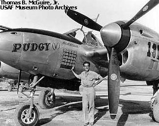 Thomas B. McGuire Jr. with Pudgy (V), his regular P-38L-1-LO, S/N 44-24155, although he was killed in another aircraft (P-38L S/N 44-24845). (U.S. Air Force photo)