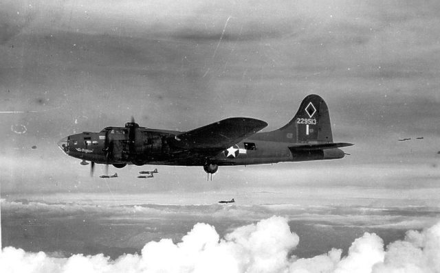 A B-17F of the 99th Bomb Group, with the nearly frameless clear-view bombardier's nose.