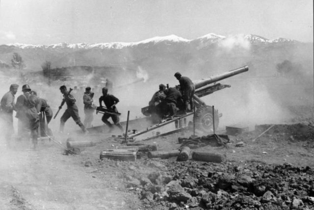 German artillery firing during the advance through Greece. Photo Credit.