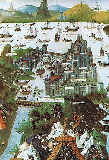 Siege of Constantinople from Bibliothèque nationale mansucript Français 9087 (folio 207 v). The Turkish army of Mehmet II attacks Constantinople in 1453. Some soldiers are pointing canons to the city and others are pulling boats to the Golden Horn. The city looks like quite gothic.