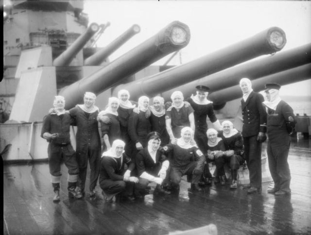 Members of HMS Duke of York's gun crews at Scapa Flow after the Battle of North Cape.