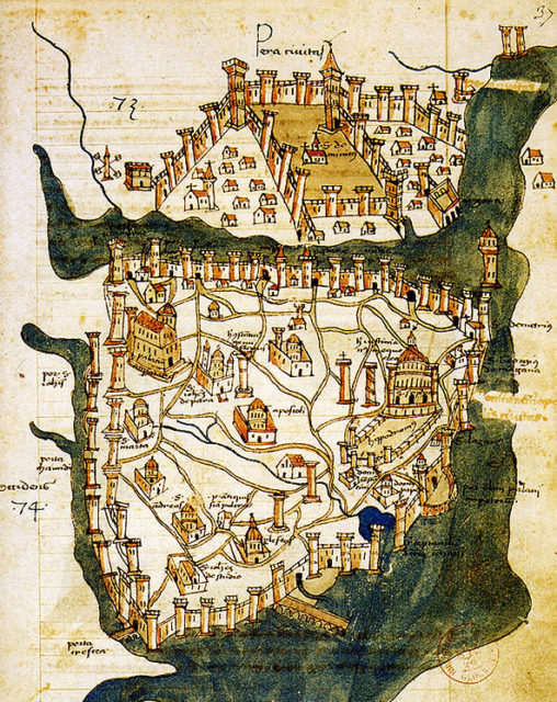 Map of Constantinople (1422) by Florentine cartographer Cristoforo Buondelmonti is the oldest surviving map of the city, and the only one that predates the Turkish conquest of the city in 1453