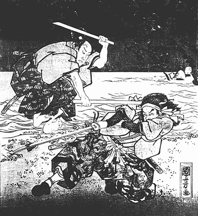 Sasaki Kojiro in a duel with Miyamoto Musashi.