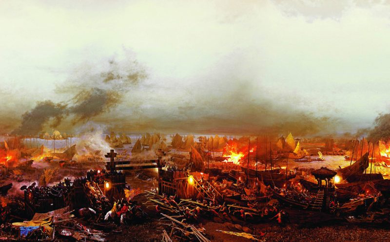 Depiction of the burning camp and ships in the Battle of Red Cliffs