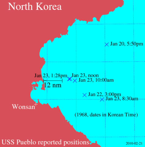Reported positions of USS Pueblo.