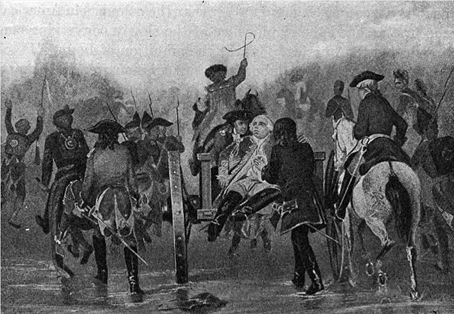 The mortally wounded Braddock retreating with his troops.